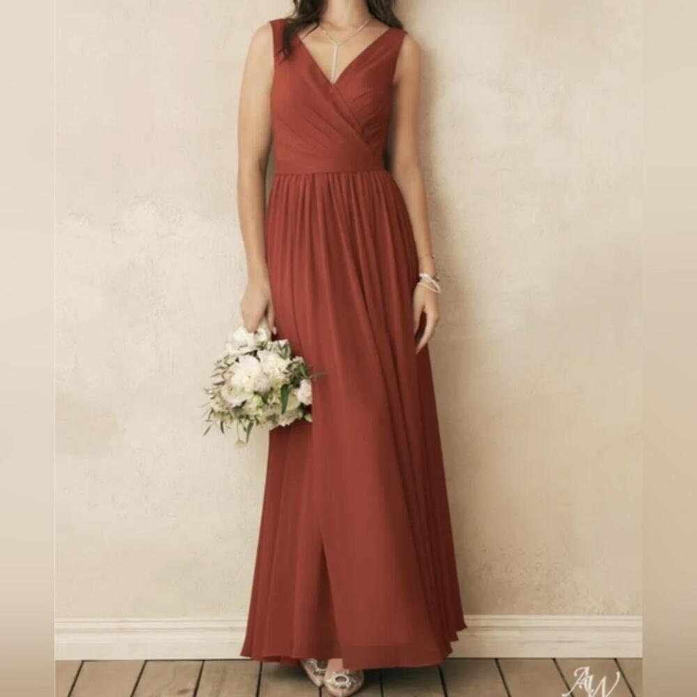 AW Gwyneth Chiffon Bridesmaid Dress Rust V-Neck A-Line Size 6